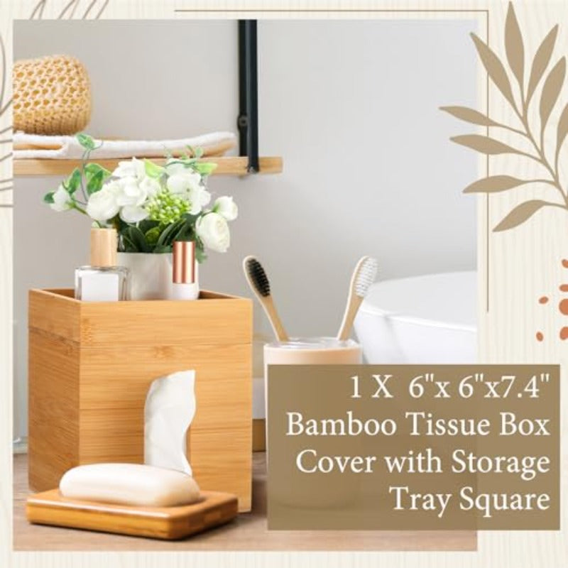 Decorative Bamboo Tissue Box Cover with a Storage Tray, Measuring 6 X 6 X 7, 4 Inches, This Square Tissue Holder Is Perfect for Organizing Facial Tissues in The Bathroom, Office, Or Bedroom