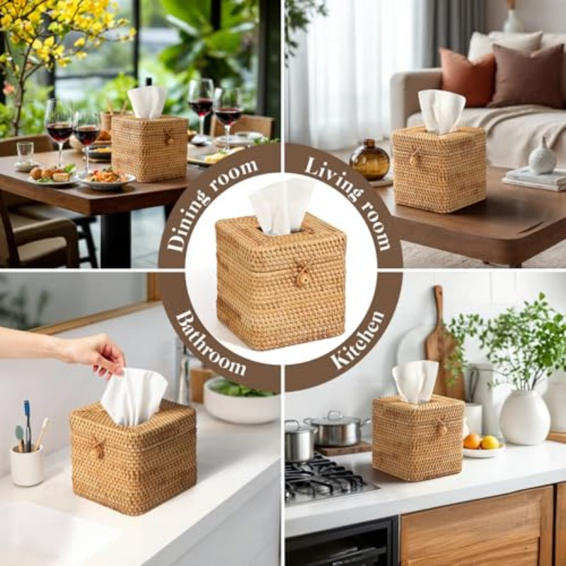 2pcs Tissue Box Cover 5. 7 x 5. 7 x 5. 7 Square Tissue Box Cover Decorative Woven Facial Tissue Holder with Hinged Top Lid for Home Offi Desk Living Room Dec, Tissue Box with Storage, Tissue Box Holder Vintage, Tissue Box Holder, Home Decor Accessory,