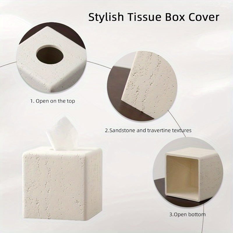 Decorative Square Resin Tissue Box Cover - Glass, Tree-Free, Ideal for Bathroom, Bedroom, Living Room, Office Decor - Cream Finish, Paper Towel Holder, Decorative Travertine Paper Dispenser, Bathroom Decor