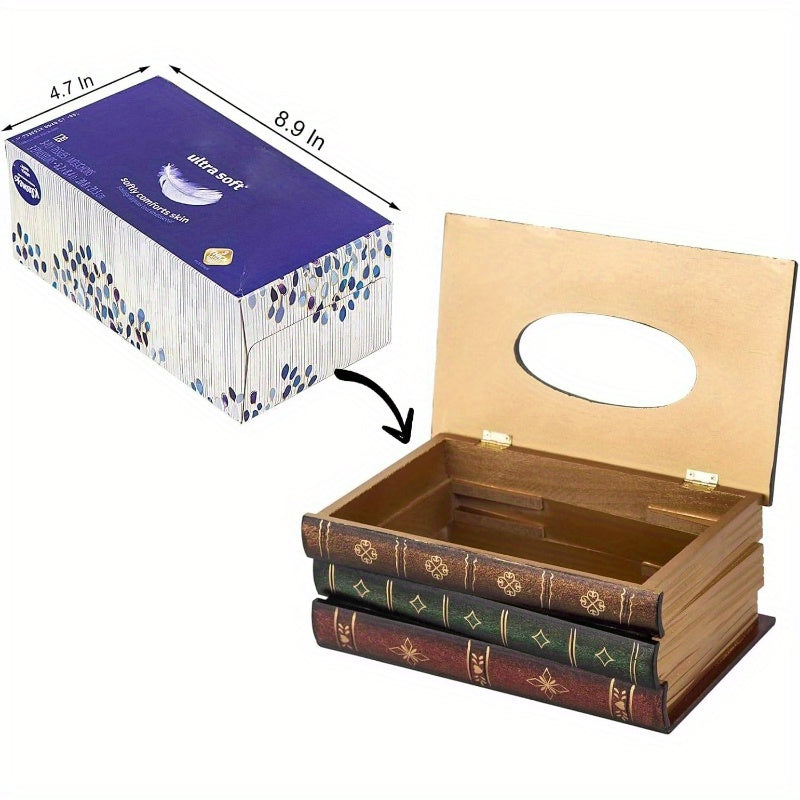 Vintage Book Design Tissue Box Cover - Antique Brown/Black/Green/Red/Blue/Golden/Beige - Decorative Dispenser for Bathroom, Living Room, Office, Kitchen, Car - Elegant Tabletop Organizer for Tissues & Napkins - Durable Wooden Construction - Decorative