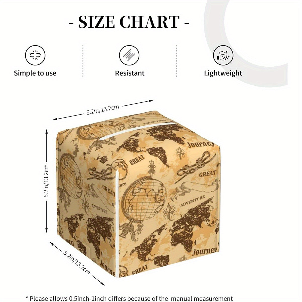 Vintage World Map Tissue Box Holder - Beige, Brown, Black Travel Decor Organizer, Durable Plastic Construction, Compatible with Square Tissues for Home, Office, Bathroom, Living Room - Decorative Tissue Case, Office Accessory, Retro Style, Longlasting