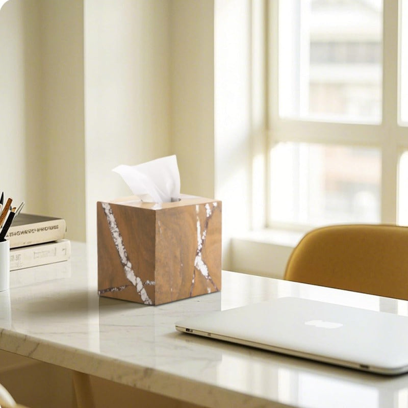 Natural Marble Tissue Box Holder - Elegant Marble Bathroom Organizer Dispenser with Open-Top Lid, Marble Countertop Decor in Brown/Beige/White/Gray/Black/, for Living Room, Kitchen, Bedroom, Bathroom - NS034, Home Organization, Vanity Decoration, Tissue