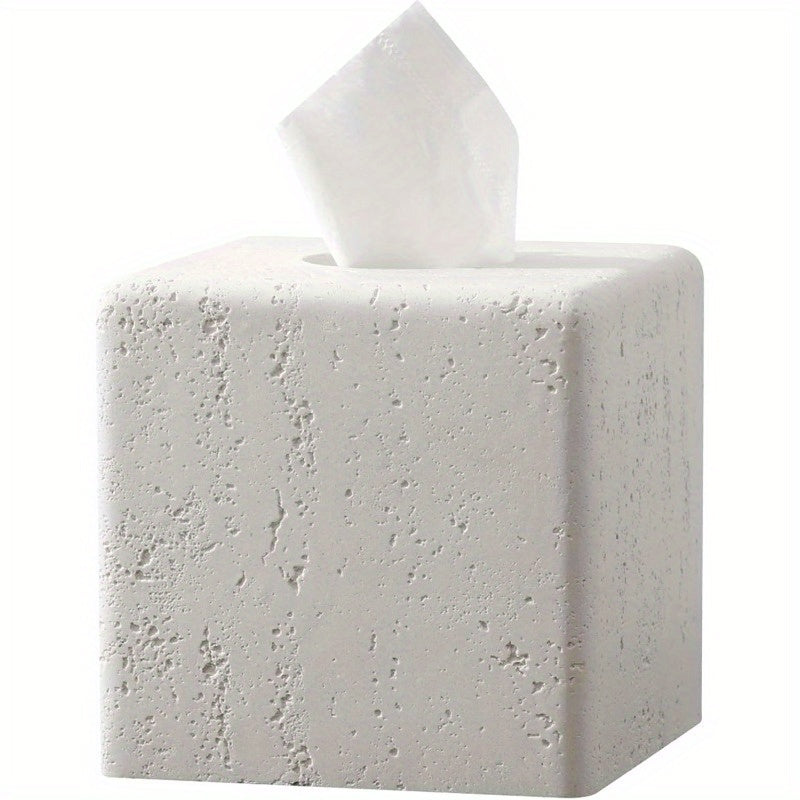 Decorative Square Resin Tissue Box Cover - Glass, Tree-Free, Ideal for Bathroom, Bedroom, Living Room, Office Decor - Cream Finish, Paper Towel Holder, Decorative Travertine Paper Dispenser, Bathroom Decor