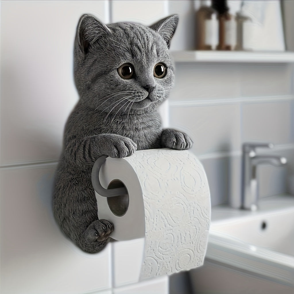 1pc Cute Cat Tissue Box with Tabby Cat Design - Self-Adhesive Toilet Paper Holder & Storage Box, No Tools Needed, Strong Adhesive for Bathroom, Kitchen, Living Room - Space-Saving Modern Home Decor with Gray, Orange, Black & White Tabby Cats - Perfect