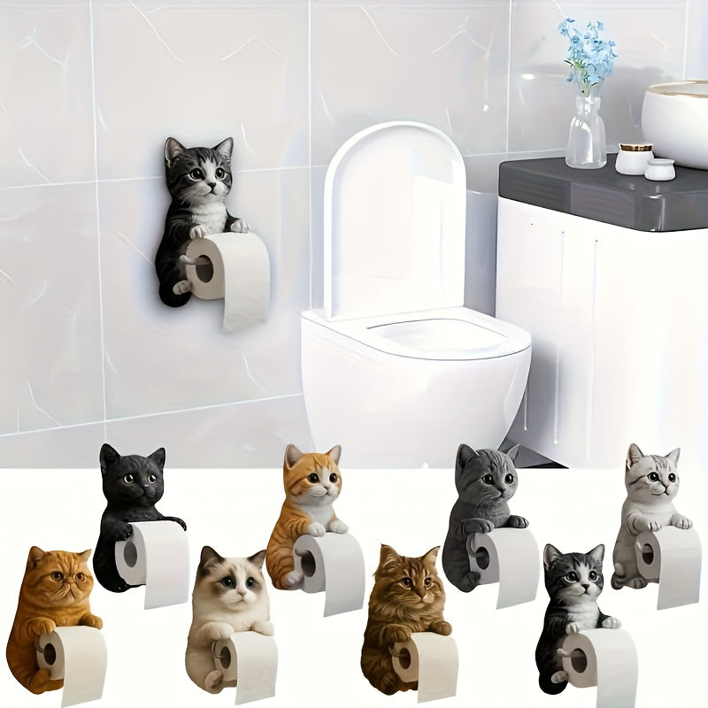 1pc Cute Cat Tissue Box with Tabby Cat Design - Self-Adhesive Toilet Paper Holder & Storage Box, No Tools Needed, Strong Adhesive for Bathroom, Kitchen, Living Room - Space-Saving Modern Home Decor with Gray, Orange, Black & White Tabby Cats - Perfect