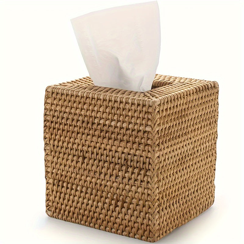 Handmade Square Rattan Tissue Box - Japanese-Style Woven Desktop Organizer, Suitable for Bathroom, Bedroom & Office Decor, Bathroom Organizer, Bedroom Accessory, Rustic Decor, Natural Aesthetic, Artisanal Craftsmanship, Durable Construction, Decorative