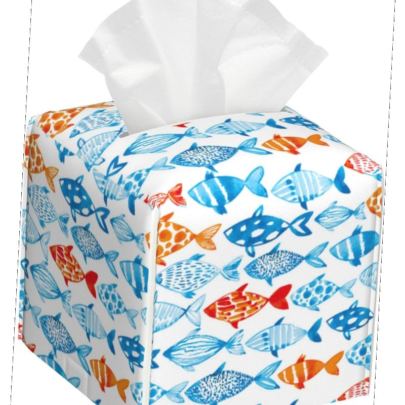 Modern Fish Design Tissue Box Holder - High Quality & Stain-Resistant PVC Leather Square Cube Cover with Blue, Orange, Red, White, Black, Gray, Pink, Brown Fish Pattern - Fits Bathroom, Living Room, Kitchen, Office - Decorative Storage Organizer for