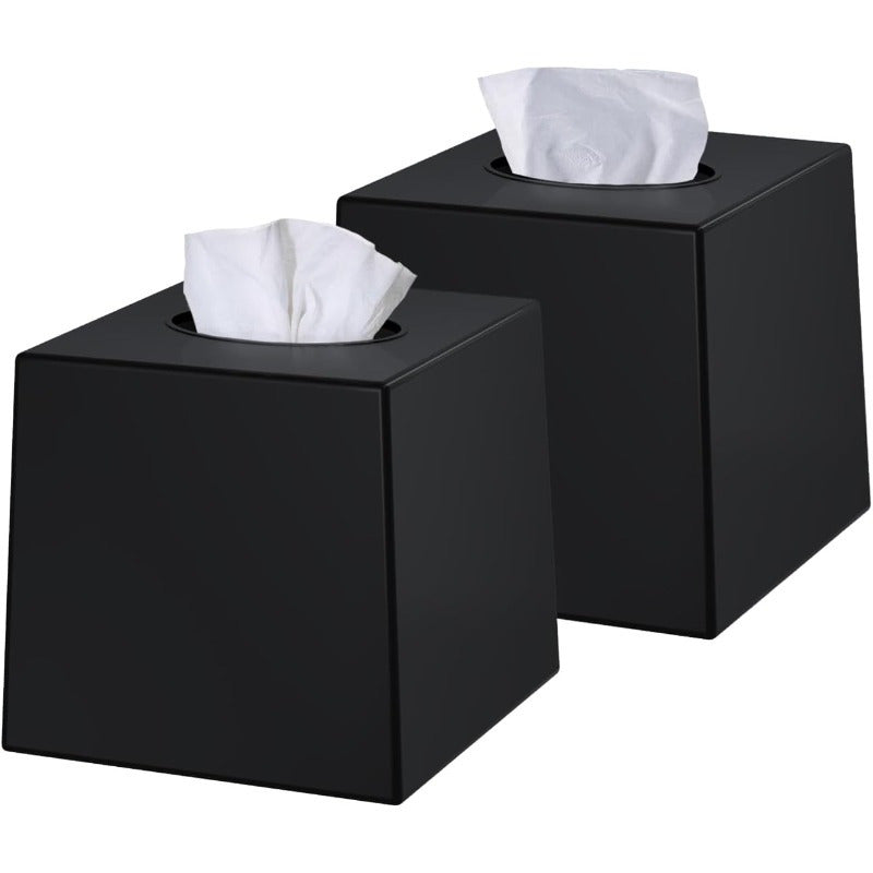 2-Pack Black Tissue Box Covers - Modern Minimalist Square Dispenser, Decorative Facial Tissue Holder for Living Room, Office, Bathroom, Kitchen - Compatible with Standard Tissues, Space-Saving Organizer (5, 5x5, 5x5, 6in) - Ideal for Home, Desk, or