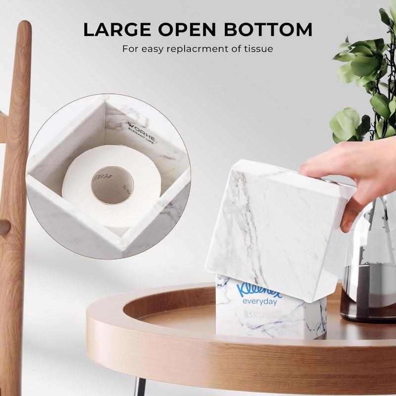 1pc Extra Heavy-Duty Natural Marble Tissue Box Cover & Toilet Paper Holder - Marble-Top Design, -Slip Base, Fits Square Boxes, Marble Texture - Marble Countertop Decor for Bathroom, Living Room, Office - Ideal Gift for Elderly & Low-Dexterity Users - Fits