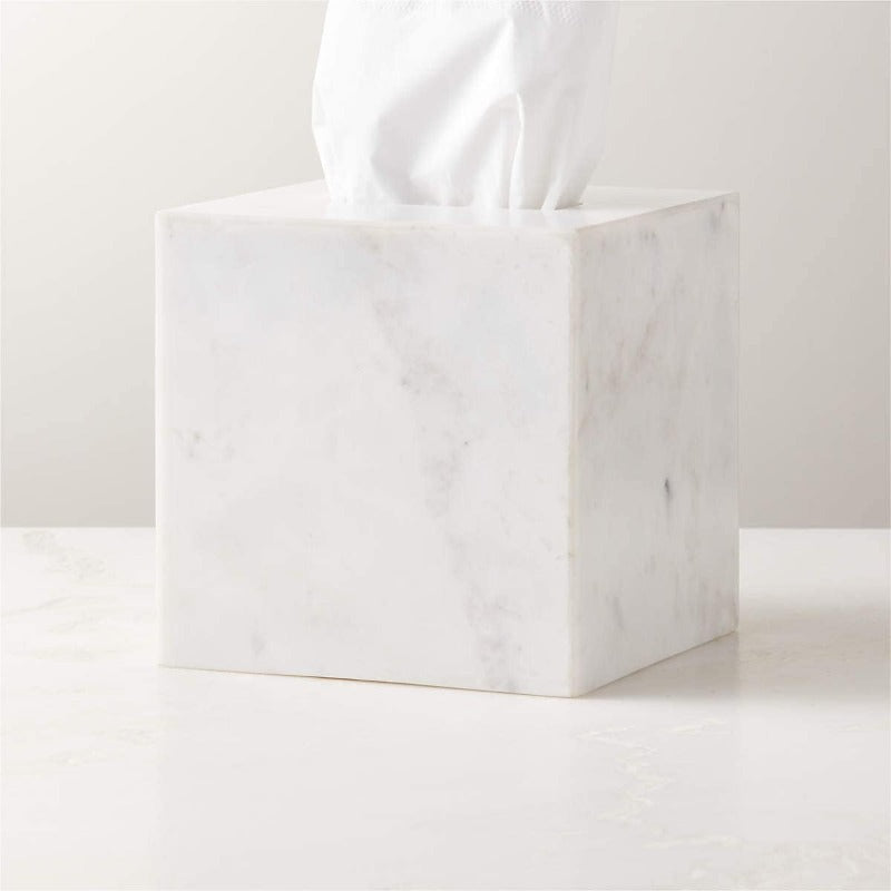 1pc Extra Large Tissue Box Holder with Marble Top - Heavy-Duty Natural Marble Construction, Removable Lid & Acrylic Base - Modern Bathroom, Living Room, Office Decor - Luxury Napkin Dispenser for Marble Countertops - Easy-Clean Surface (5.6” Wide Square