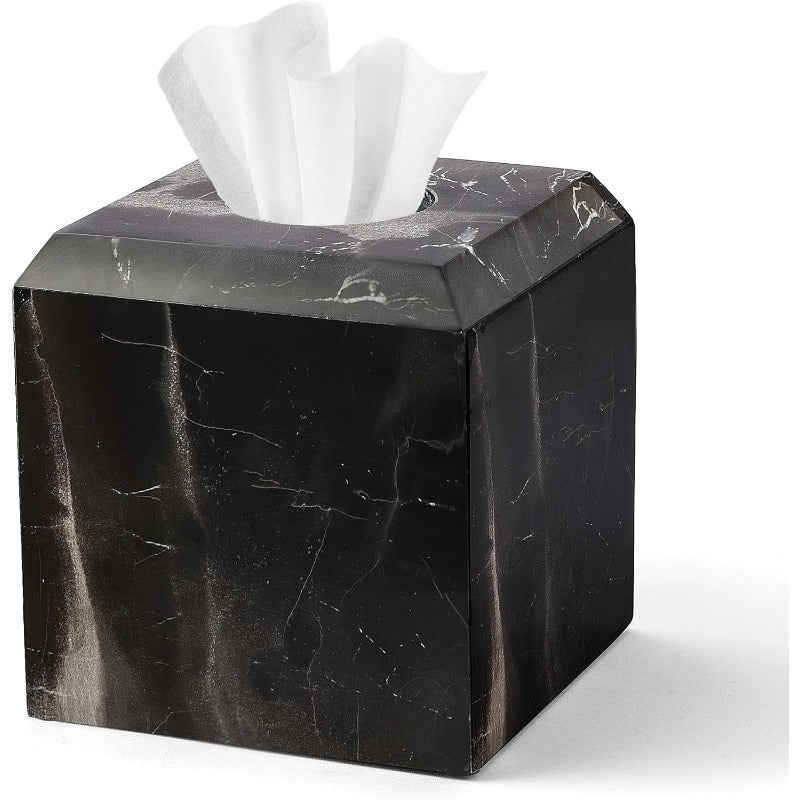 Italy Natural Marble Tissue Box Cover - Heavy-Duty Square Marble Toilet Paper Holder with Black & White Veining, Minimalist Modern Design for Bathroom, Living Room, Bedroom, Kitchen, Office - Durable Elegant Home Decor, Easy-Clean Surface, Decorative
