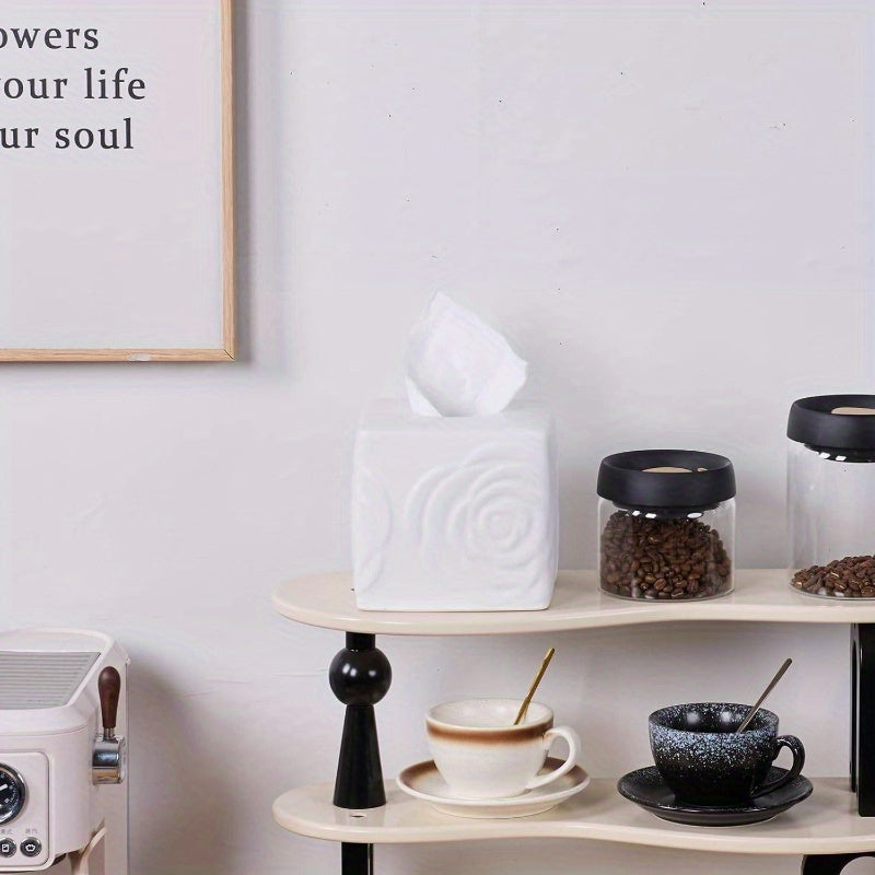 1pc Elegant White Ceramic Tissue Box Holder with Carved Lid - Large Square/Rectangular Design, Decorative Lid & Sturdy Base for Bathroom, Vanity, Kitchen, Office - Decorative Storage for Tissues, Tissues Not Included - Modern & Traditional Decor -