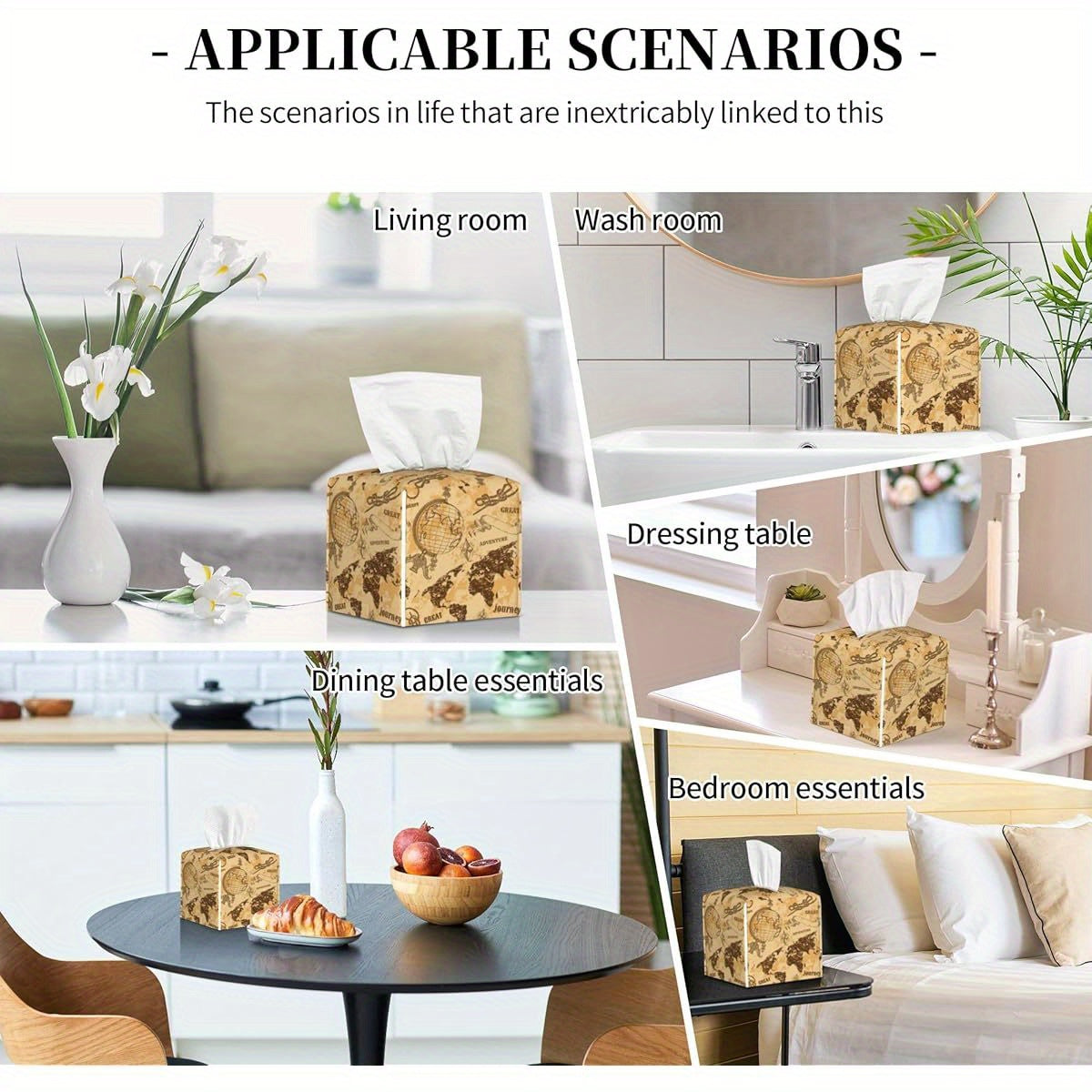 Vintage World Map Tissue Box Holder - Beige, Brown, Black Travel Decor Organizer, Durable Plastic Construction, Compatible with Square Tissues for Home, Office, Bathroom, Living Room - Decorative Tissue Case, Office Accessory, Retro Style, Longlasting