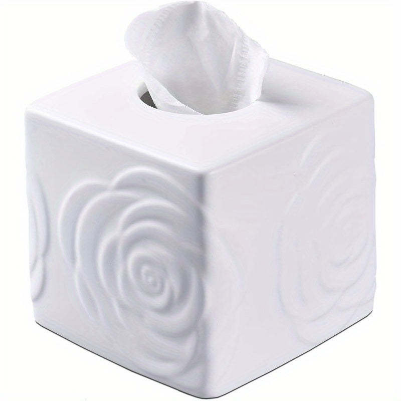 1pc Elegant White Ceramic Tissue Box Holder with Carved Lid - Large Square/Rectangular Design, Decorative Lid & Sturdy Base for Bathroom, Vanity, Kitchen, Office - Decorative Storage for Tissues, Tissues Not Included - Modern & Traditional Decor -