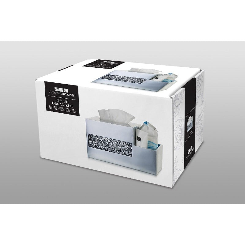 Crackled Glass Silvery Tissue Box Cover Square and Nightstand Organizer for Men Women MultiFunction Mosaic Glass Tissue Box Holder with Makeup Phone Remote Control Holder Organizer for Table, Home Decor Accessory, Tabletop Organizer, Crackled Design,