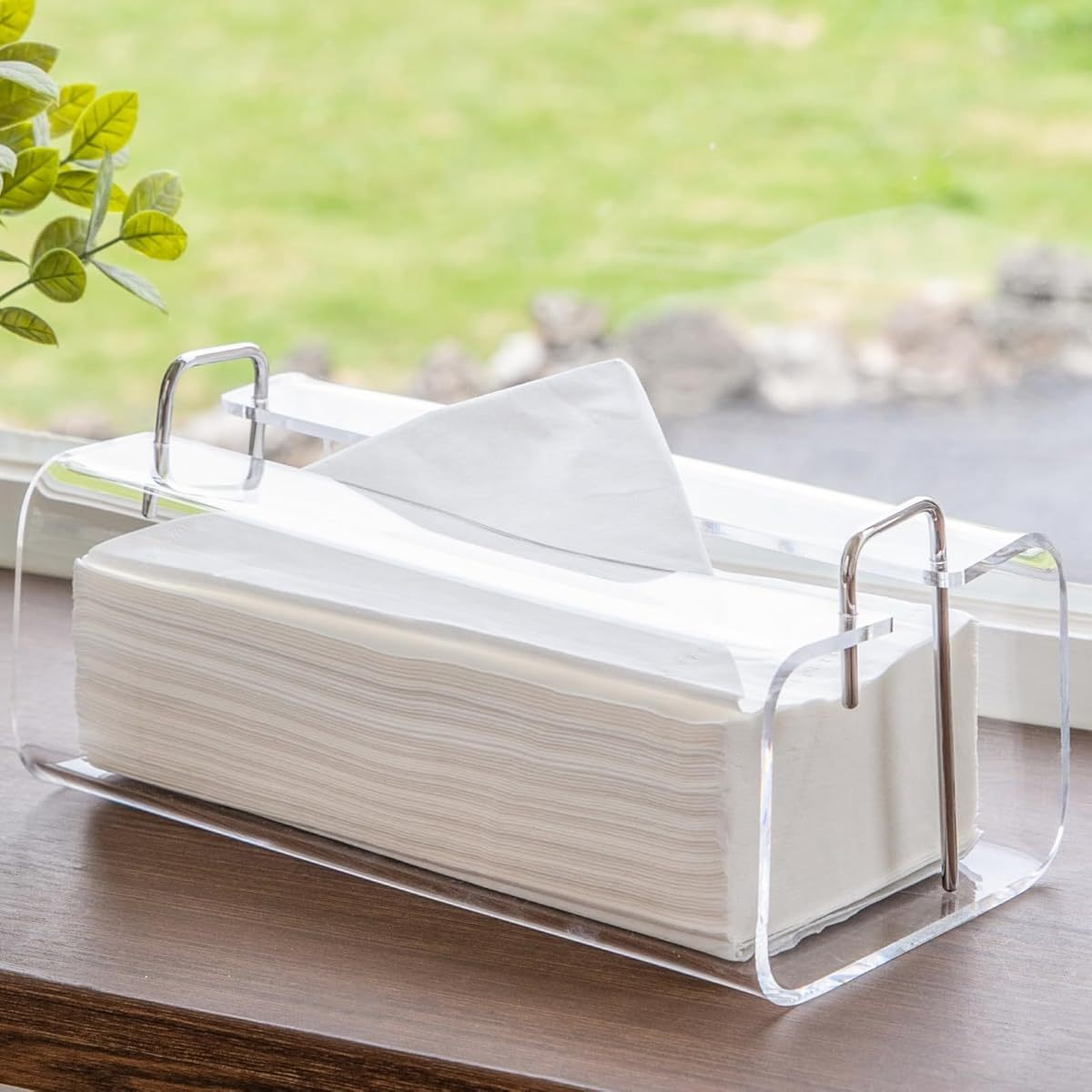 Acrylic Tissue Box Holder Rectangle Acrylic Tissue Holder with 2025 Curved Design Silvery/ Brass Accents 9. 5" x4. 75" Crystal- Clear Tissue Box Dispenser for Bathroom, Kitchen, Office ( Silvery Accents)