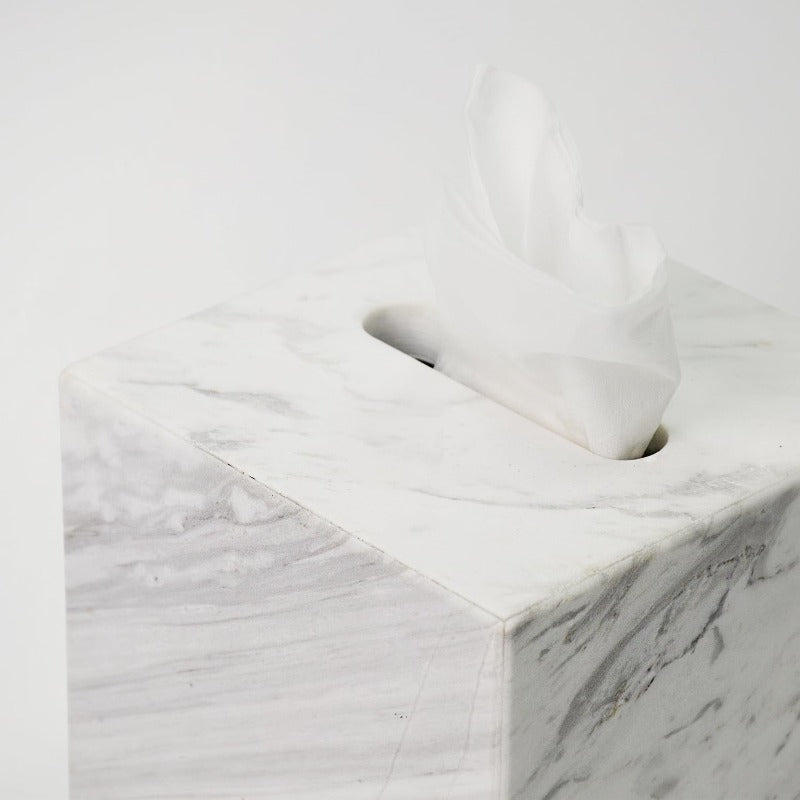 1pc Extra Large Tissue Box Holder with Marble Top - Heavy-Duty Natural Marble Construction, Removable Lid & Acrylic Base - Modern Bathroom, Living Room, Office Decor - Luxury Napkin Dispenser for Marble Countertops - Easy-Clean Surface (5.6” Wide Square