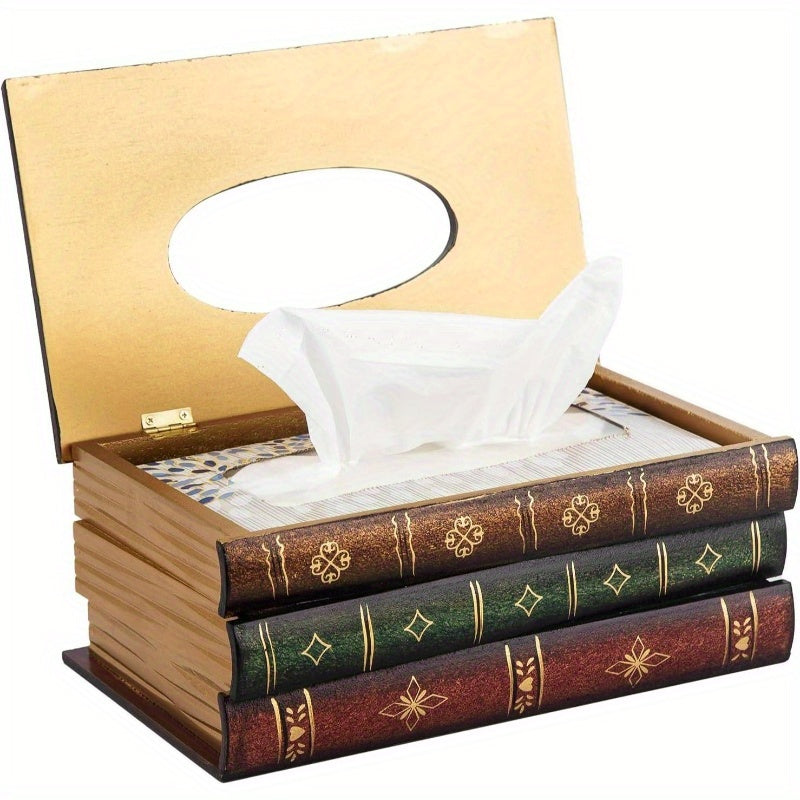 Vintage Book Design Tissue Box Cover - Antique Brown/Black/Green/Red/Blue/Golden/Beige - Decorative Dispenser for Bathroom, Living Room, Office, Kitchen, Car - Elegant Tabletop Organizer for Tissues & Napkins - Durable Wooden Construction - Decorative