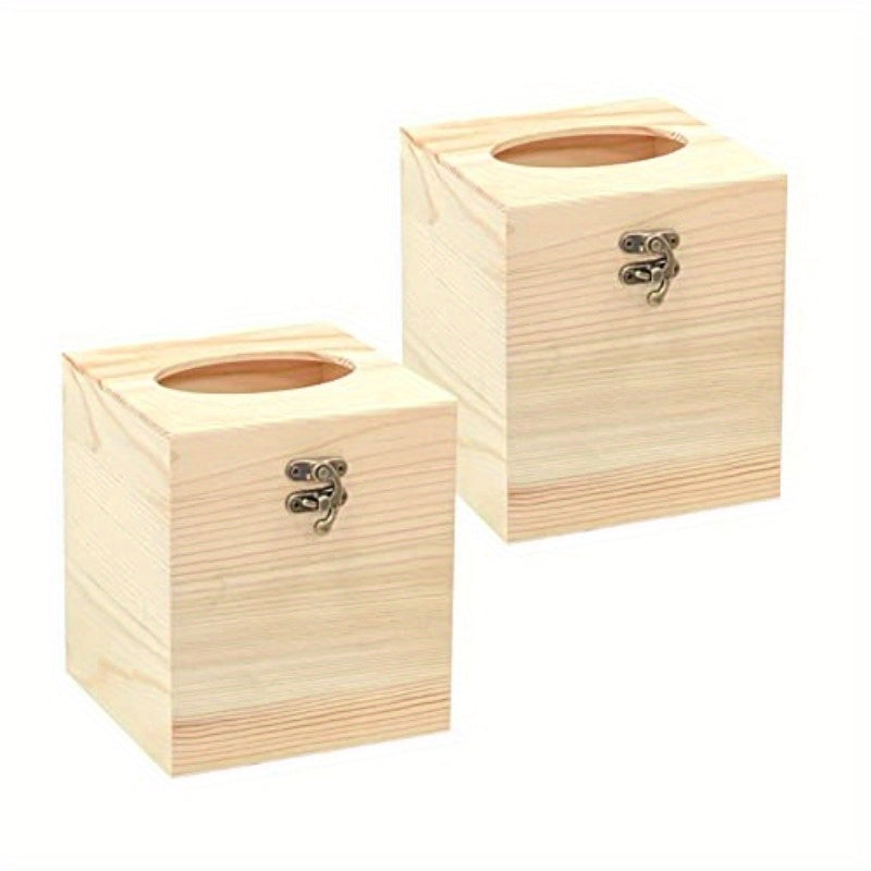 2 Pack Unfinished Wooden Tissue Box Cover for Crafts Oval Opening Solid Square Wood Tissue Holder for Home Decor 5. 1x5. 1x6in