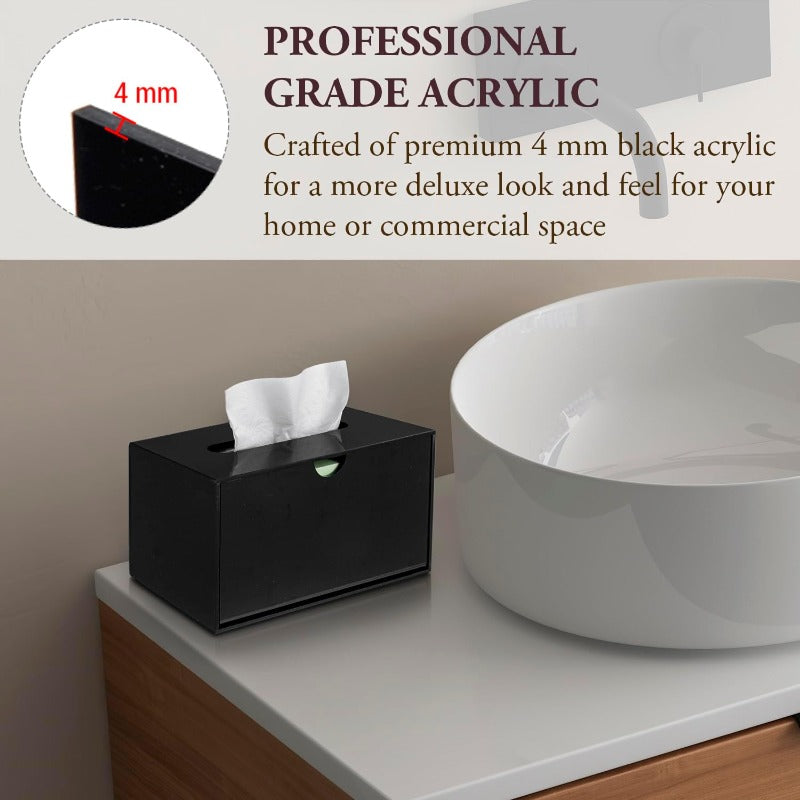 Modern Black Acrylic Rectangular Tissue Box Cover with Slide-Out Holder & Refillable Napkin Dispenser - Space-Saving Bathroom Vanity Organizer, Hygienic One-Touch Operation, Durable Countertop Storage for Home or Office - Minimalist Design, Easy
