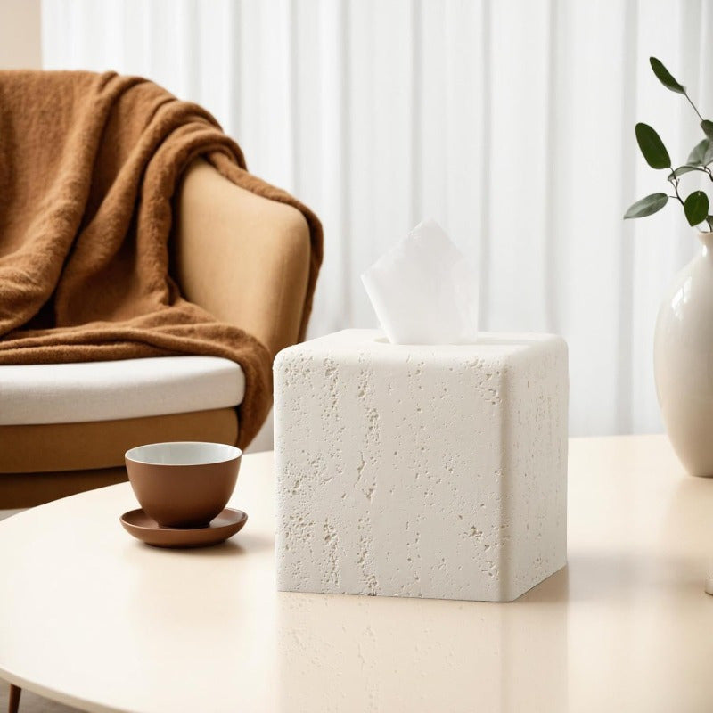 Decorative Square Resin Tissue Box Cover - Glass, Tree-Free, Ideal for Bathroom, Bedroom, Living Room, Office Decor - Cream Finish, Paper Towel Holder, Decorative Travertine Paper Dispenser, Bathroom Decor