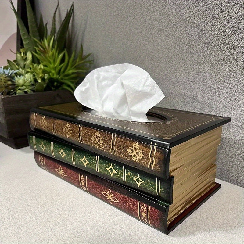 Vintage Book Design Tissue Box Cover - Antique Brown/Black/Green/Red/Blue/Golden/Beige - Decorative Dispenser for Bathroom, Living Room, Office, Kitchen, Car - Elegant Tabletop Organizer for Tissues & Napkins - Durable Wooden Construction - Decorative