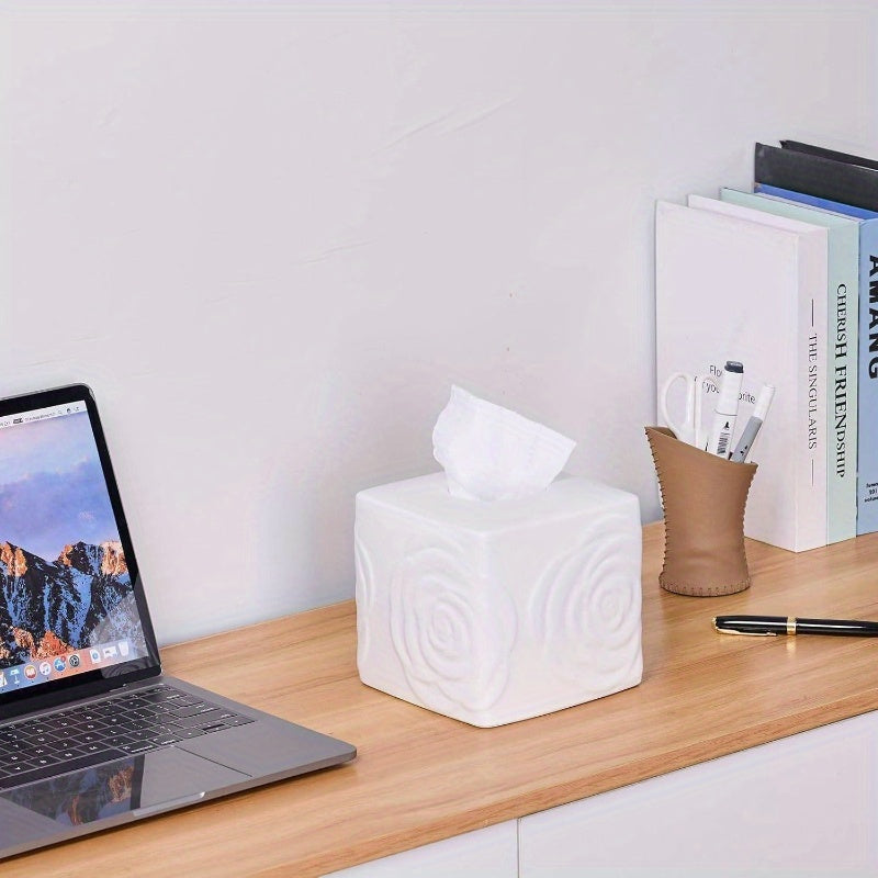 1pc Elegant White Ceramic Tissue Box Holder with Carved Lid - Large Square/Rectangular Design, Decorative Lid & Sturdy Base for Bathroom, Vanity, Kitchen, Office - Decorative Storage for Tissues, Tissues Not Included - Modern & Traditional Decor -