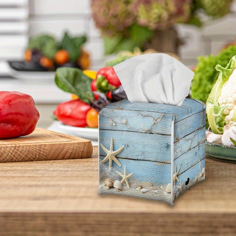 Nautical Starfish & Shells Tissue Box Holder - High Quality PU Leather Square Cube Organizer with Blue Coastal Design, Fits Standard Tissues, Decorative Storage for Bathroom, Bedroom, Office & Beach House - Ideal Housewarming Gift