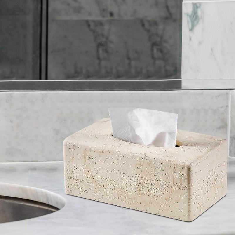 Natural Travertine Textures Tissue Box Cover - Heavy-Duty Resin Rectangular Bathroom Countertop Organizer, 4-Inch Height, Beige Marble Design for Home Decor, Office, or Bedside Table, Durable & Stylish Storage Solution, Bathroom Decor And Accessories,