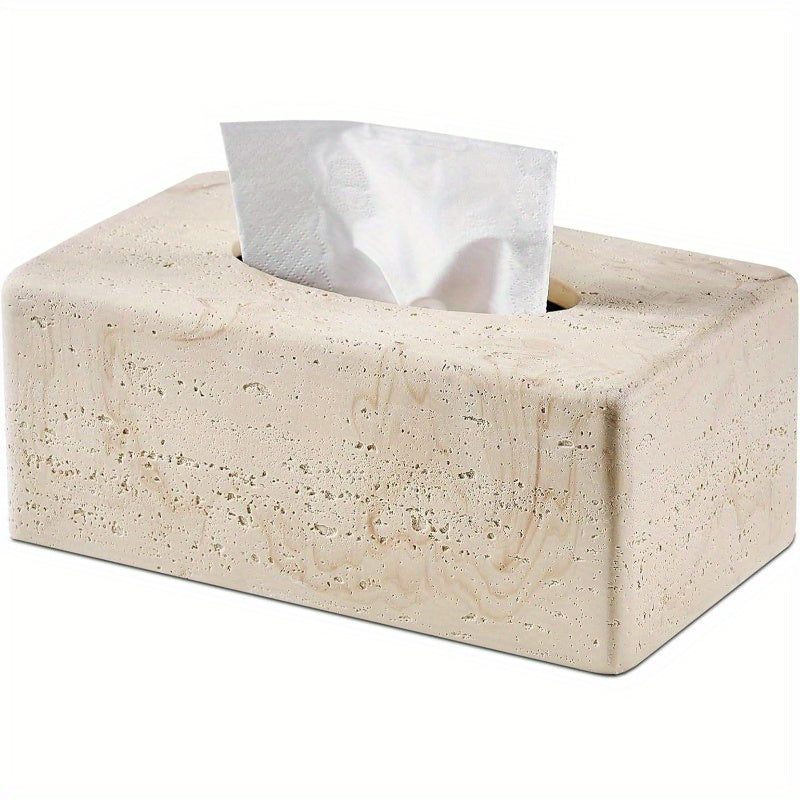 Natural Travertine Textures Tissue Box Cover - Heavy-Duty Resin Rectangular Bathroom Countertop Organizer, 4-Inch Height, Beige Marble Design for Home Decor, Office, or Bedside Table, Durable & Stylish Storage Solution, Bathroom Decor And Accessories,