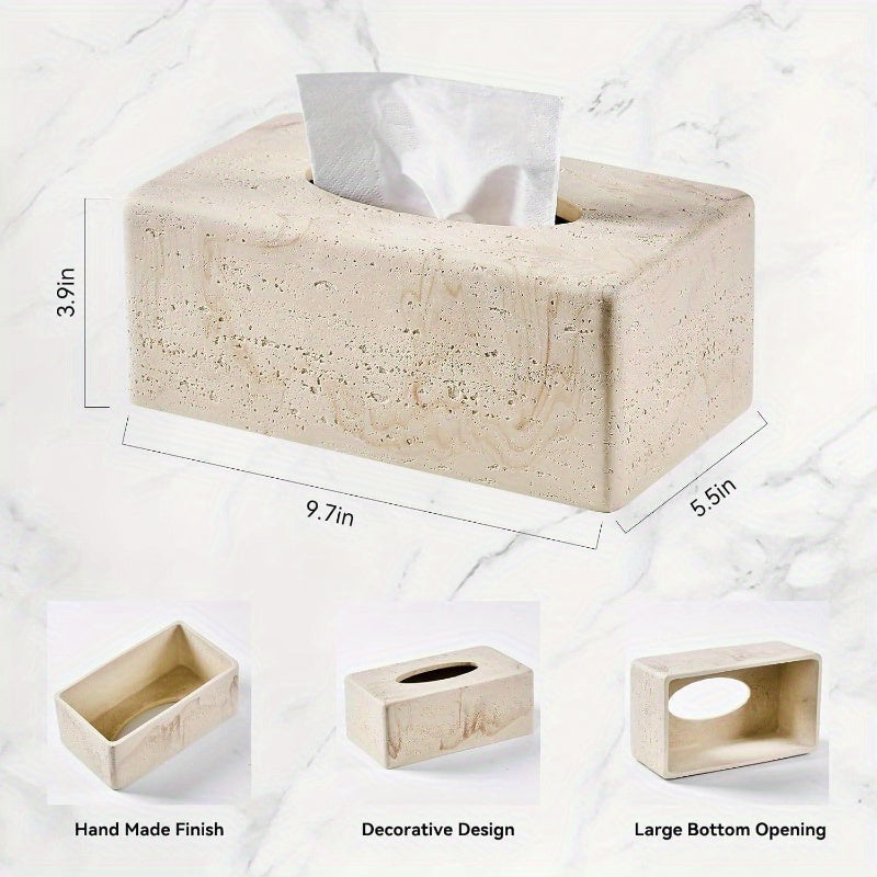 Natural Travertine Textures Tissue Box Cover - Heavy-Duty Resin Rectangular Bathroom Countertop Organizer, 4-Inch Height, Beige Marble Design for Home Decor, Office, or Bedside Table, Durable & Stylish Storage Solution, Bathroom Decor And Accessories,