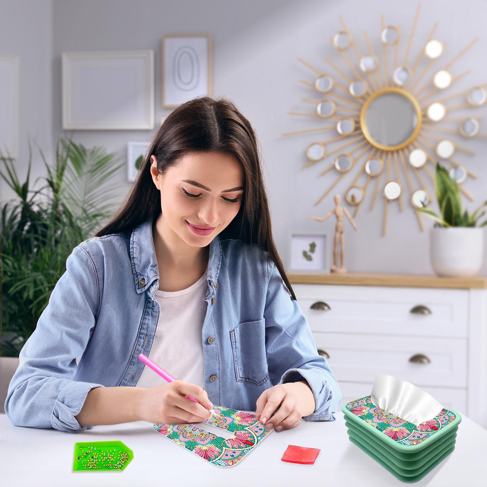1pc Handmade Diamond Painting Tissue Box Holder - Floral DIY Craft with Pink Flowers, Mint Green Background - Decorative Tissue Organizer for Living Room, Housewarming Wedding Birthday Gift - Includes Assembly Tools - Elegant Home Decor Centerpiece,
