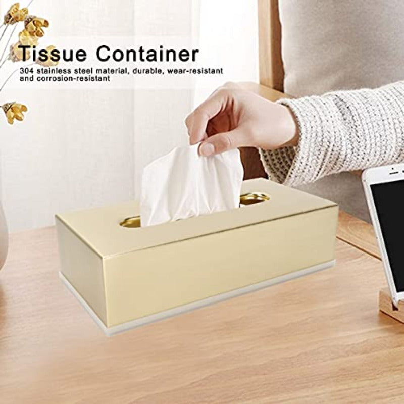 Golden Stainless Steel Tissue Box - Decorative Metal Tissue Holder & Dispenser with Modern Rectangular Design, Rounded Corners & Smooth Edges, Durable Rust-Resistant Construction for Bathroom, Bedroom, Living Room - Elegant Napkin Dispenser for Home