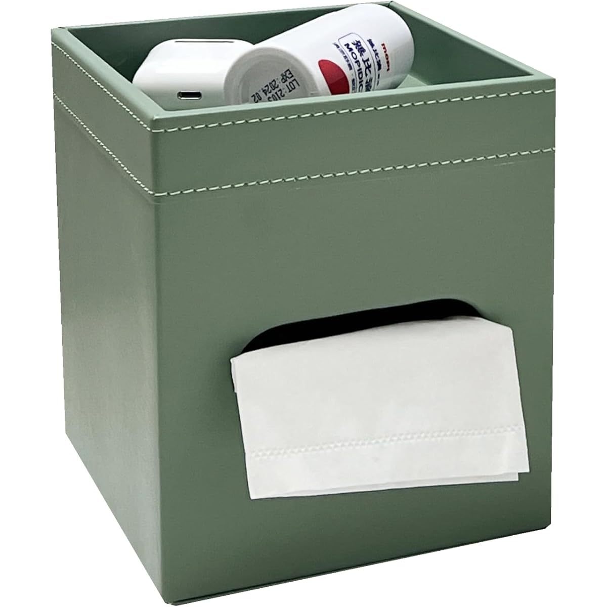 Modern Square Faux Leather Tissue Box Cover - Light Green, Decorative Storage Tray with Multiple Compartments, Perfect for Bathroom, Bedroom, Living Room & Office Decor, Decorative Tray | Modern Decor | Durable Plastic