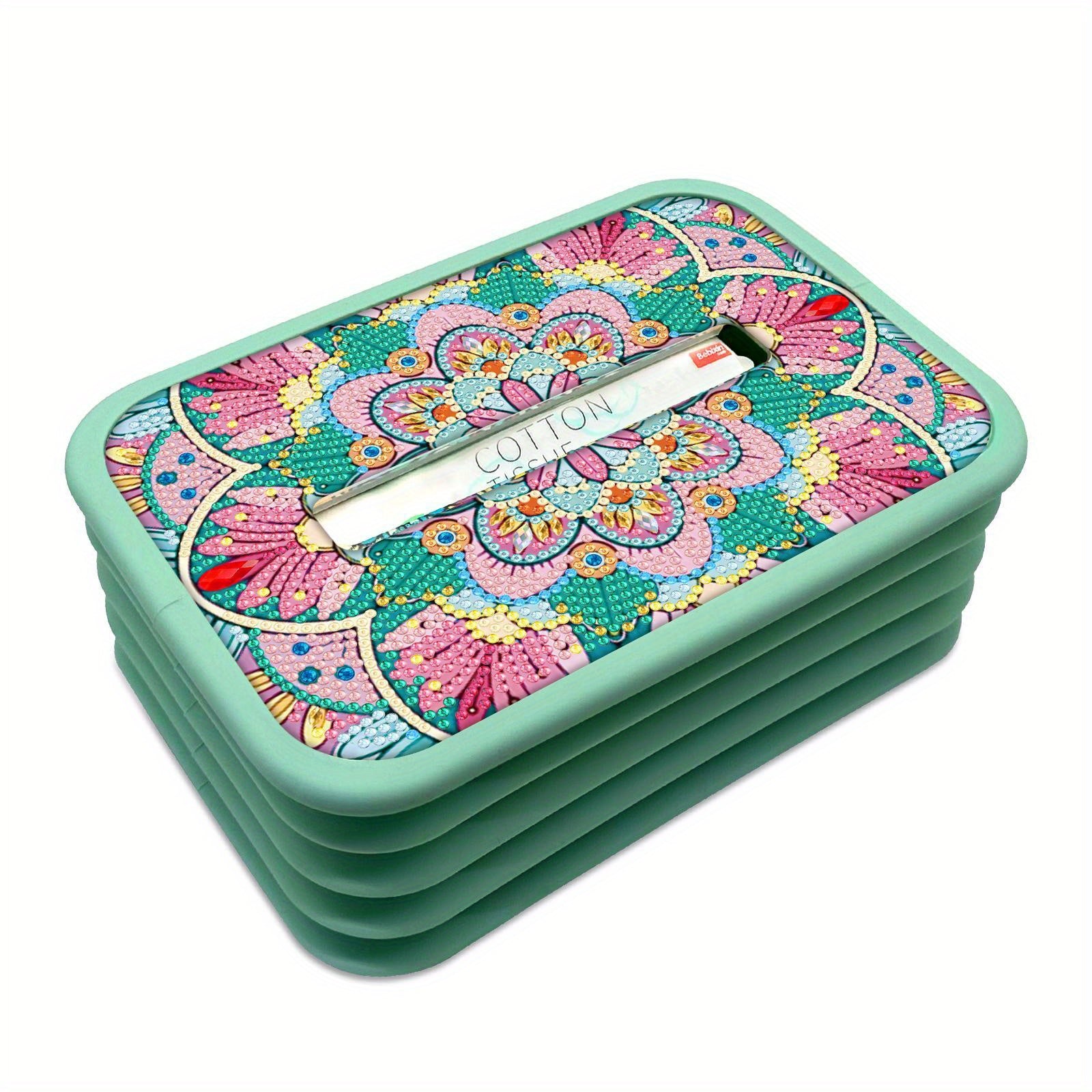 1pc Handmade Diamond Painting Tissue Box Holder - Floral DIY Craft with Pink Flowers, Mint Green Background - Decorative Tissue Organizer for Living Room, Housewarming Wedding Birthday Gift - Includes Assembly Tools - Elegant Home Decor Centerpiece,