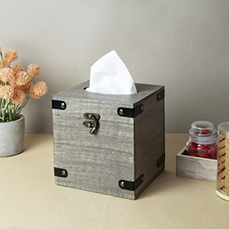 1pc Solid Mango Wood Tissue Box Holder with Lid - Modern Rustic Grey Washed Finish, Spacious Square Design with Black Legs & Hinges, Fits Bathroom Vanity, Nightstand, Desk - Durable & Sturdy Storage Cabinet for Tissues, Napkins, Facial Tissues - Fits Most