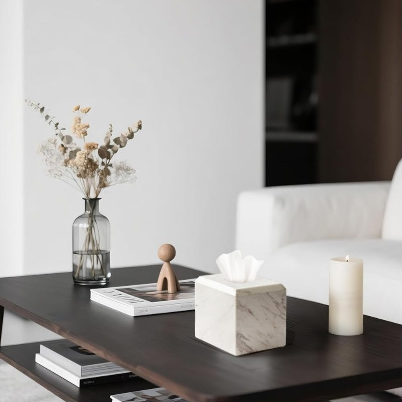 Italy Natural Marble Tissue Box Cover - Heavy-Duty Square Marble Toilet Paper Holder with Marble Pattern in White & Grey, Minimalist Modern Design for Bathroom, Living Room, Bedroom, Kitchen, Office - Durable Elegant Tissue Dispenser, Decorative Storage