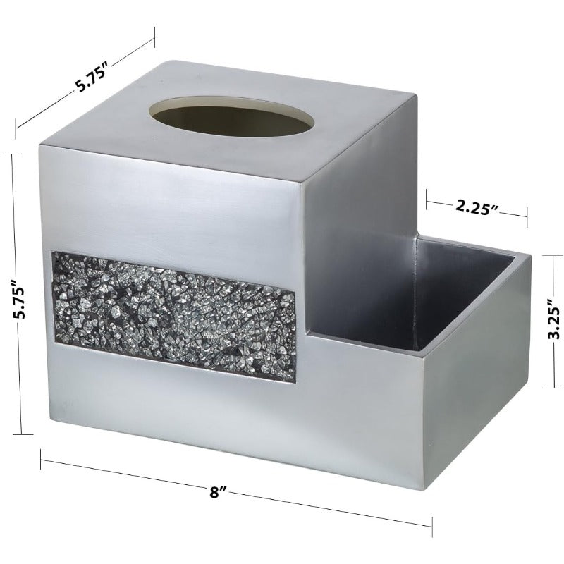 Crackled Glass Silvery Tissue Box Cover Square and Nightstand Organizer for Men Women MultiFunction Mosaic Glass Tissue Box Holder with Makeup Phone Remote Control Holder Organizer for Table, Home Decor Accessory, Tabletop Organizer, Crackled Design,