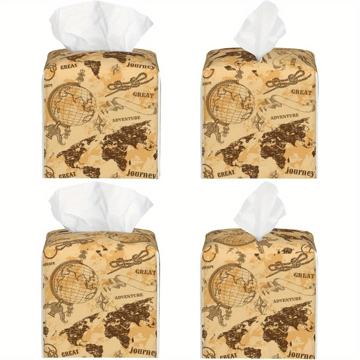 Vintage World Map Tissue Box Holder - Beige, Brown, Black Travel Decor Organizer, Durable Plastic Construction, Compatible with Square Tissues for Home, Office, Bathroom, Living Room - Decorative Tissue Case, Office Accessory, Retro Style, Longlasting