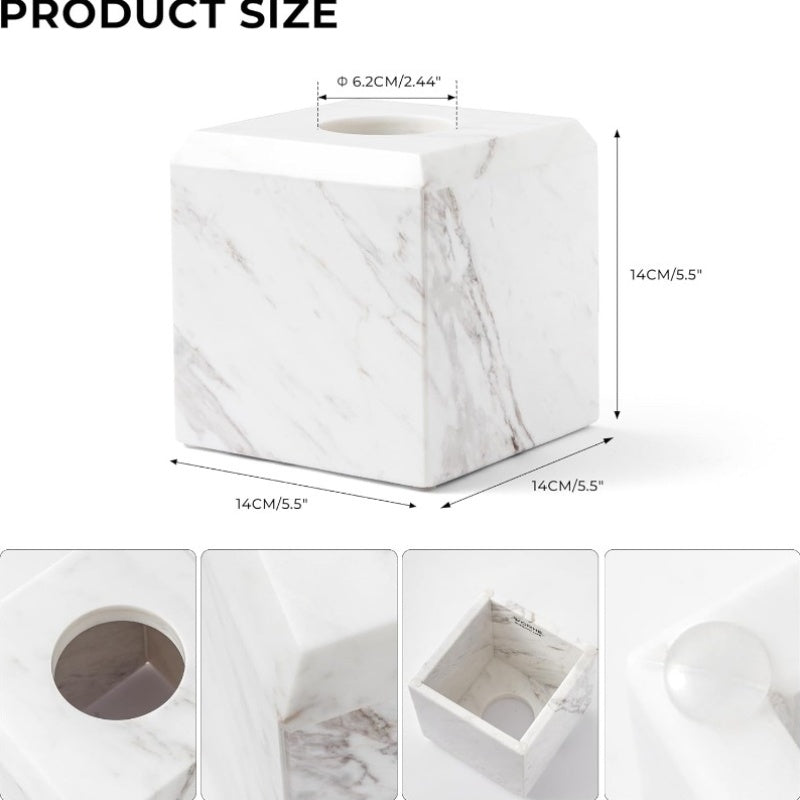 Italy Natural Marble Tissue Box Cover - Heavy-Duty Square Marble Toilet Paper Holder with Marble Pattern in White & Grey, Minimalist Modern Design for Bathroom, Living Room, Bedroom, Kitchen, Office - Durable Elegant Tissue Dispenser, Decorative Storage