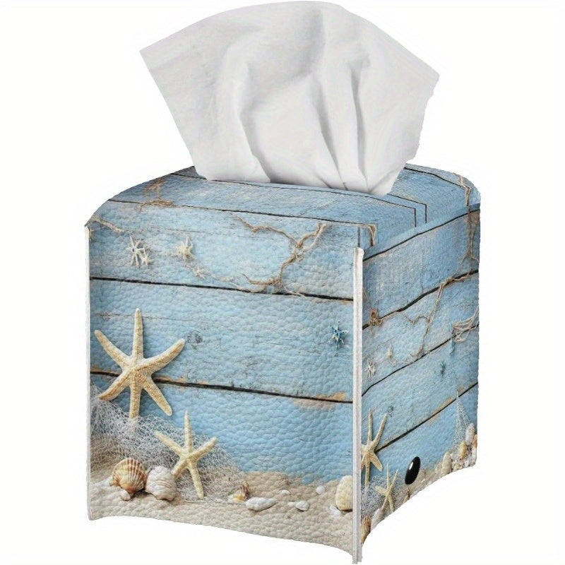 Nautical Starfish & Shells Tissue Box Holder - High Quality PU Leather Square Cube Organizer with Blue Coastal Design, Fits Standard Tissues, Decorative Storage for Bathroom, Bedroom, Office & Beach House - Ideal Housewarming Gift