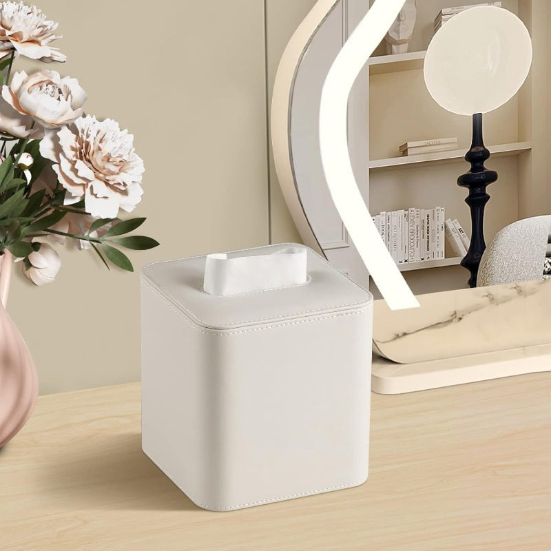 Modern Square Tissue Box Holder with Magnetic Closure - Beige PU Leather Tissue Case, Rounded Edges & Smooth Surface, Secure Magnetic Lid for Bathroom, Living Room, Office - Decorative & Functional Storage Organizer, Durable Tissue Dispenser (Compatible