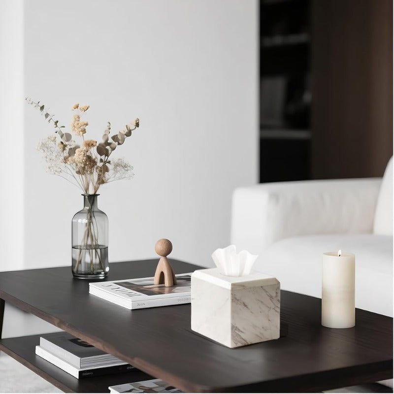 1pc Extra Heavy-Duty Natural Marble Tissue Box Cover & Toilet Paper Holder - Marble-Top Design, -Slip Base, Fits Square Boxes, Marble Texture - Marble Countertop Decor for Bathroom, Living Room, Office - Ideal Gift for Elderly & Low-Dexterity Users - Fits