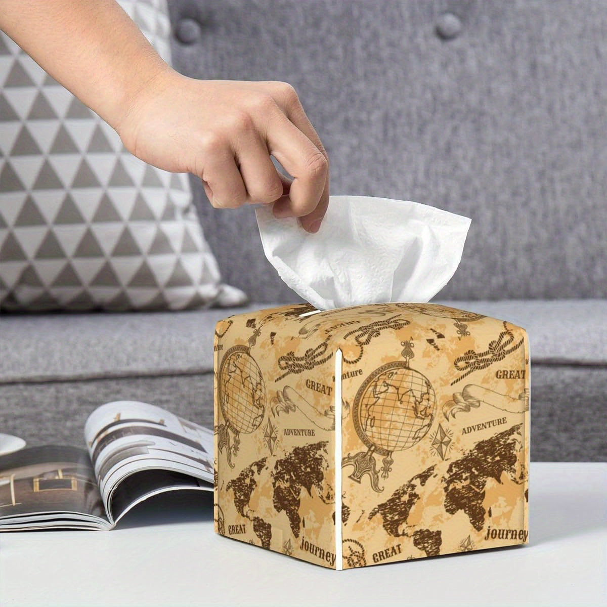 Vintage World Map Tissue Box Holder - Beige, Brown, Black Travel Decor Organizer, Durable Plastic Construction, Compatible with Square Tissues for Home, Office, Bathroom, Living Room - Decorative Tissue Case, Office Accessory, Retro Style, Longlasting