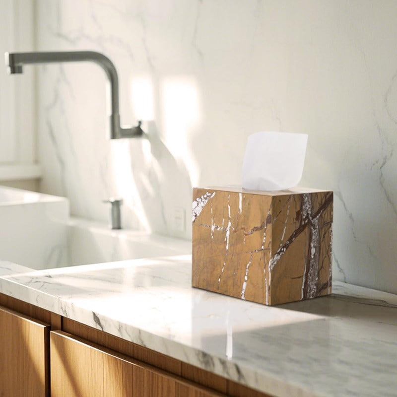 Natural Marble Tissue Box Holder - Elegant Marble Bathroom Organizer Dispenser with Open-Top Lid, Marble Countertop Decor in Brown/Beige/White/Gray/Black/, for Living Room, Kitchen, Bedroom, Bathroom - NS034, Home Organization, Vanity Decoration, Tissue