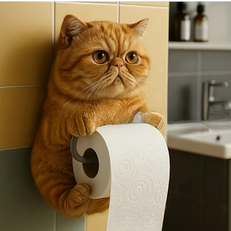 1pc Cute Cat Tissue Box with Tabby Cat Design - Self-Adhesive Toilet Paper Holder & Storage Box, No Tools Needed, Strong Adhesive for Bathroom, Kitchen, Living Room - Space-Saving Modern Home Decor with Gray, Orange, Black & White Tabby Cats - Perfect