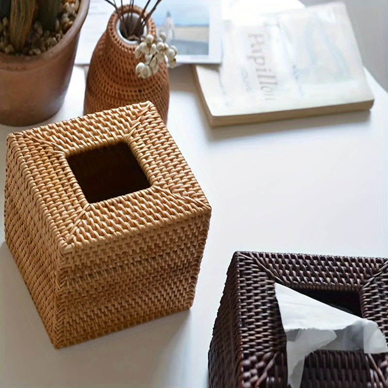 Handmade Square Rattan Tissue Box - Japanese-Style Woven Desktop Organizer, Suitable for Bathroom, Bedroom & Office Decor, Bathroom Organizer, Bedroom Accessory, Rustic Decor, Natural Aesthetic, Artisanal Craftsmanship, Durable Construction, Decorative