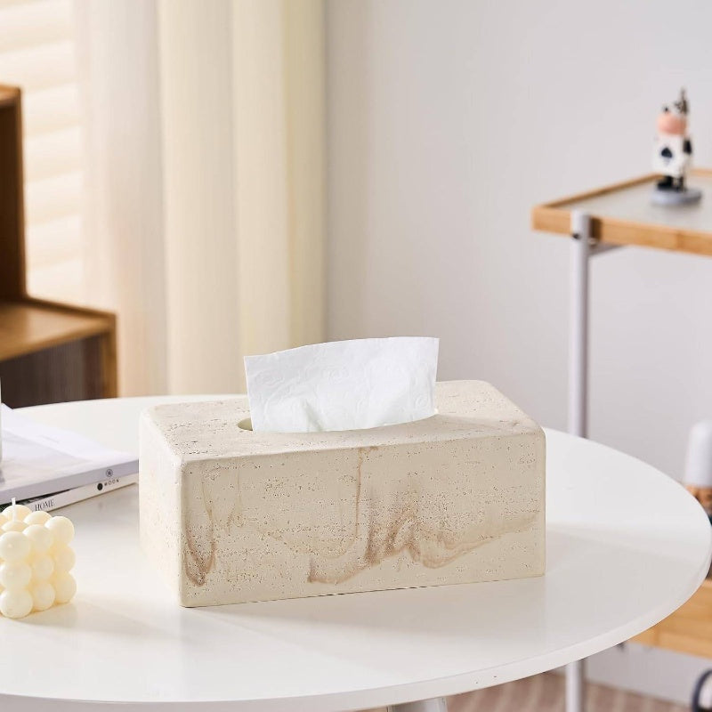 Natural Travertine Textures Tissue Box Cover - Heavy-Duty Resin Rectangular Bathroom Countertop Organizer, 4-Inch Height, Beige Marble Design for Home Decor, Office, or Bedside Table, Durable & Stylish Storage Solution, Bathroom Decor And Accessories,