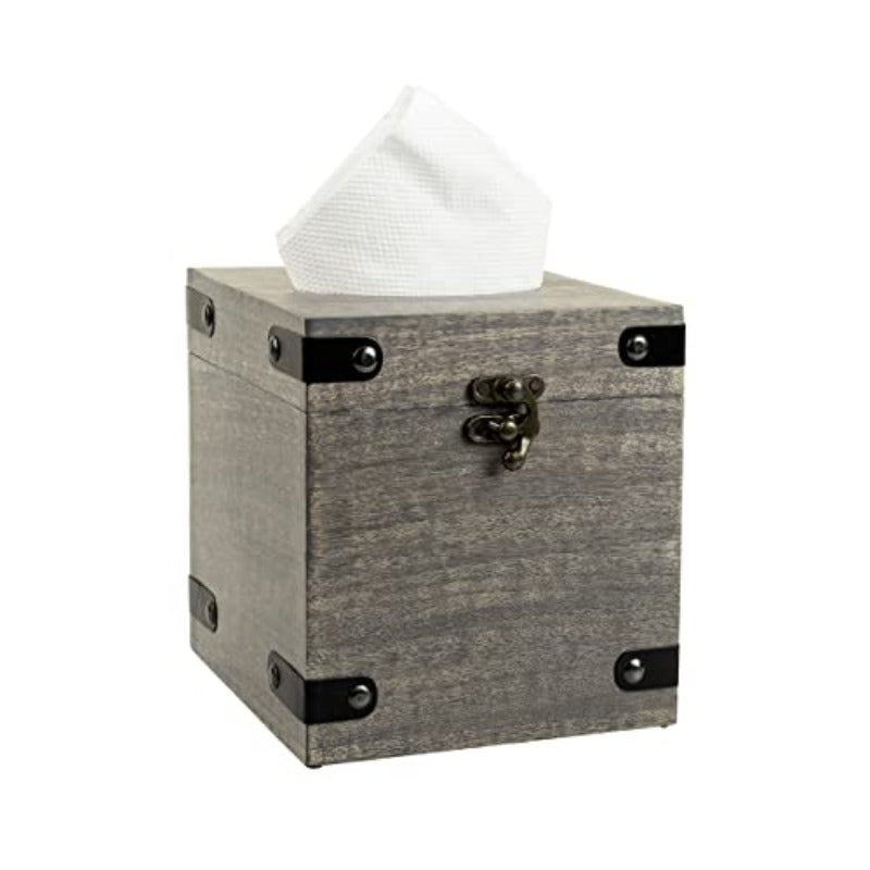 1pc Solid Mango Wood Tissue Box Holder with Lid - Modern Rustic Grey Washed Finish, Spacious Square Design with Black Legs & Hinges, Fits Bathroom Vanity, Nightstand, Desk - Durable & Sturdy Storage Cabinet for Tissues, Napkins, Facial Tissues - Fits Most