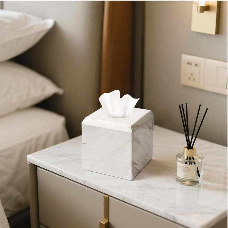 1pc Extra Heavy-Duty Natural Marble Tissue Box Cover & Toilet Paper Holder - Marble-Top Design, -Slip Base, Fits Square Boxes, Marble Texture - Marble Countertop Decor for Bathroom, Living Room, Office - Ideal Gift for Elderly & Low-Dexterity Users - Fits